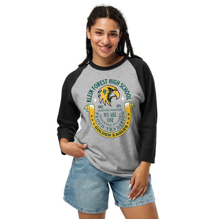 Woman wearing Klein Forest High School Golden Eagles Unisex 3/4 Sleeve Raglan T-shirt 229