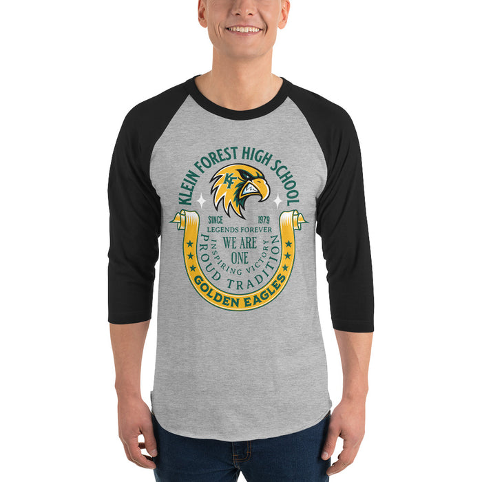 Man wearing Klein Forest High School Golden Eagles Unisex 3/4 Sleeve Raglan T-shirt 229