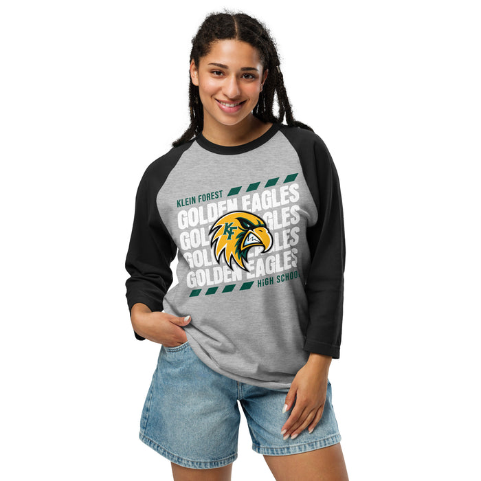 Woman wearing Klein Forest High School Golden Eagles Unisex 3/4 Sleeve Raglan T-shirt 223