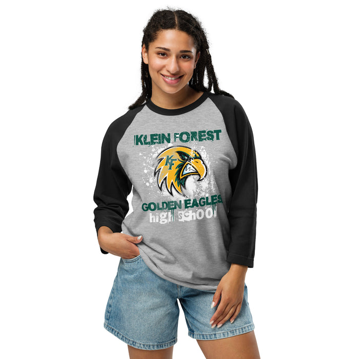 Woman wearing Klein Forest High School Golden Eagles Unisex 3/4 Sleeve Raglan T-shirt 205