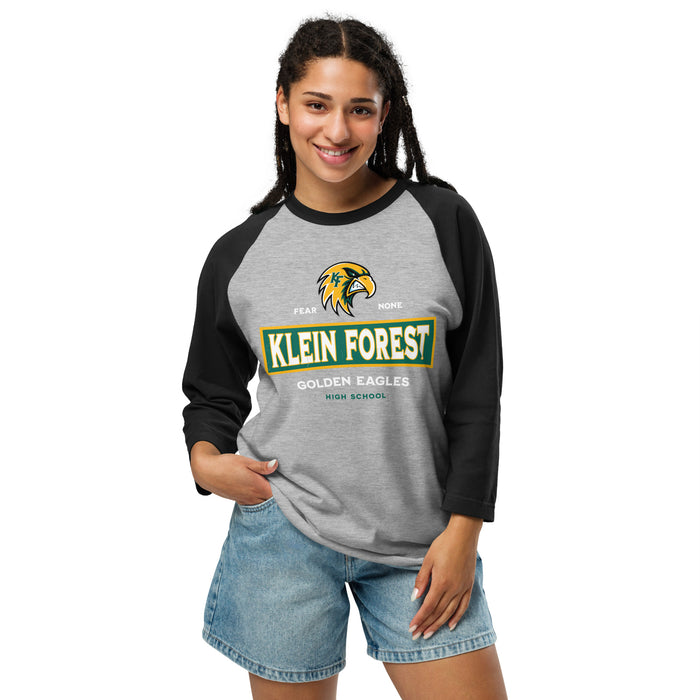 Woman wearing Klein Forest High School Golden Eagles Unisex 3/4 Sleeve Raglan T-shirt 202