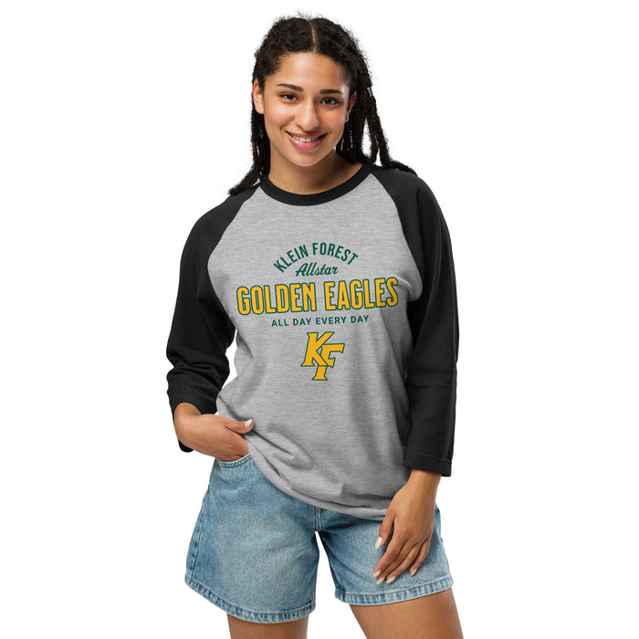 Woman wearing Klein Forest High School Golden Eagles Unisex 3/4 Sleeve Raglan T-shirt 040