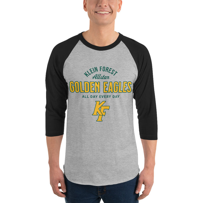 Man wearing Klein Forest High School Golden Eagles Unisex 3/4 Sleeve Raglan T-shirt 040