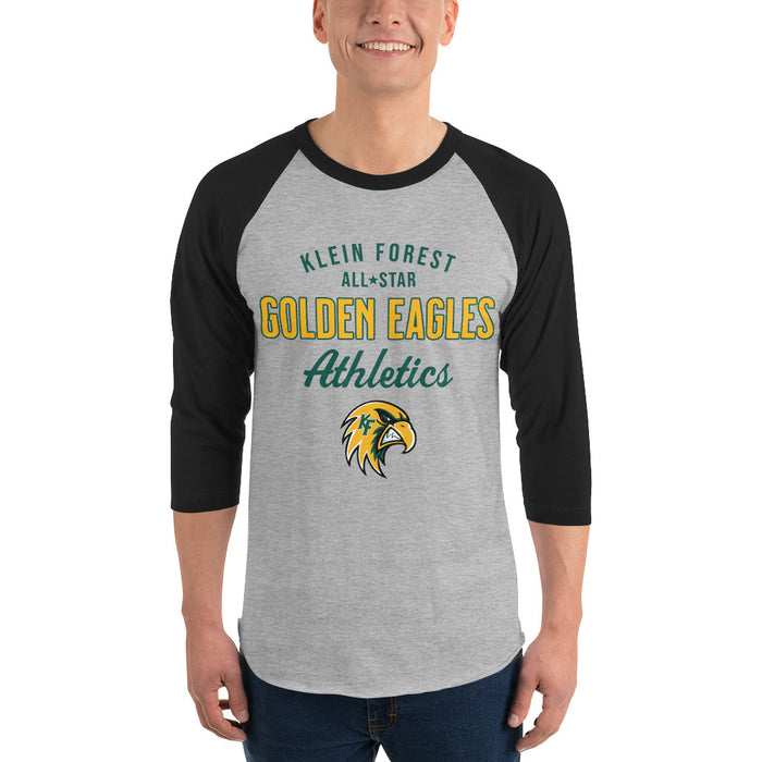 Man wearing Klein Forest High School Golden Eagles Unisex 3/4 Sleeve Raglan T-shirt 034