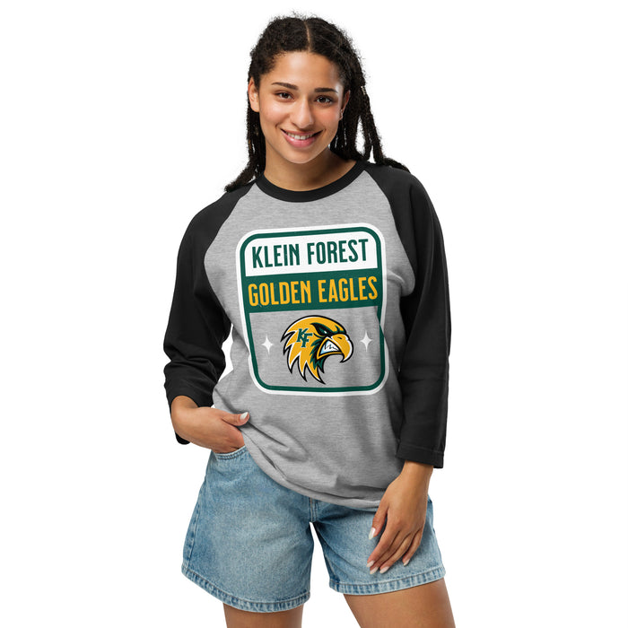 Woman wearing Klein Forest High School Golden Eagles Unisex 3/4 Sleeve Raglan T-shirt 001