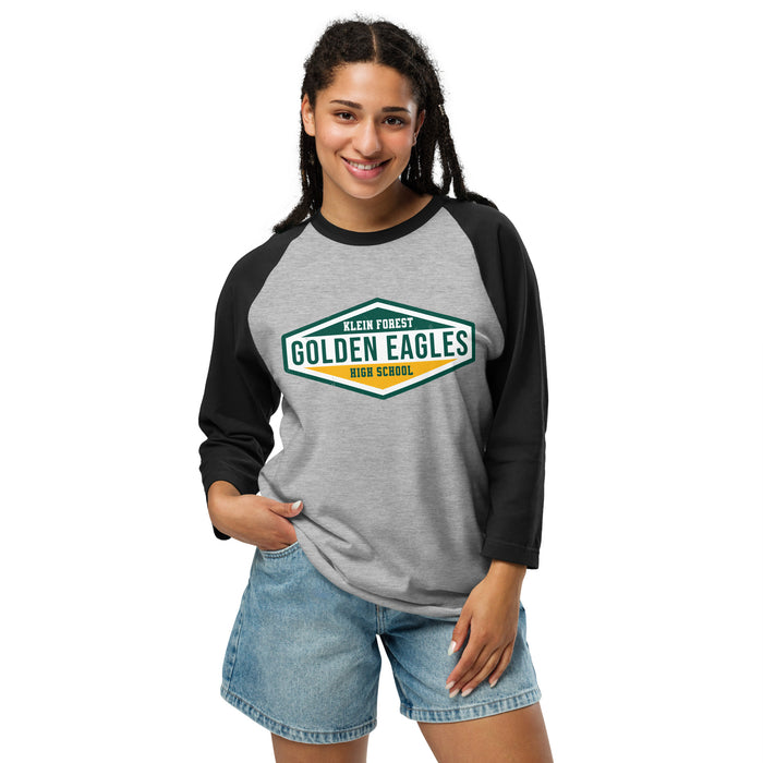 Woman wearing Klein Forest High School Golden Eagles Unisex 3/4 Sleeve Raglan T-shirt 009
