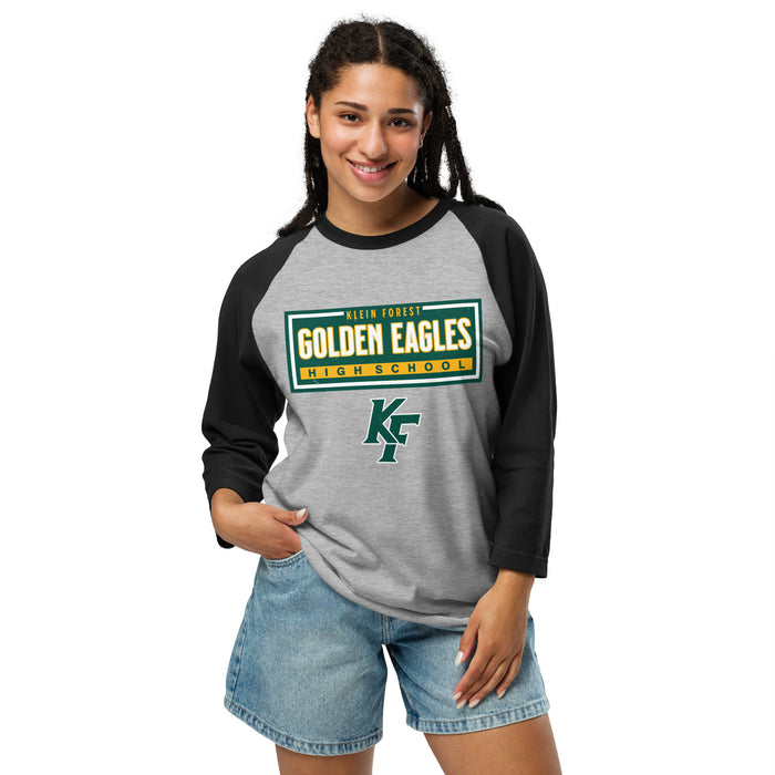 Woman wearing Klein Forest High School Golden Eagles Unisex 3/4 Sleeve Raglan T-shirt 049