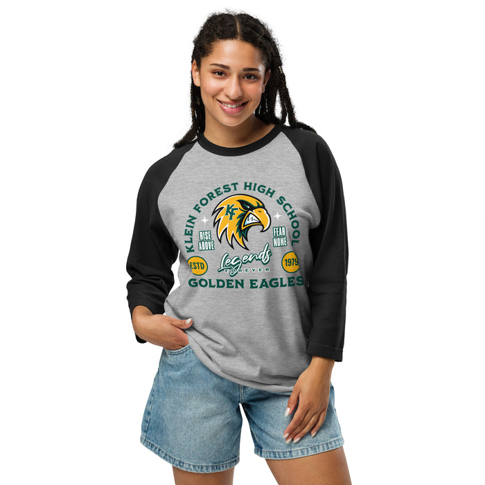 Woman wearing Klein Forest High School Golden Eagles Unisex 3/4 Sleeve Raglan T-shirt 208
