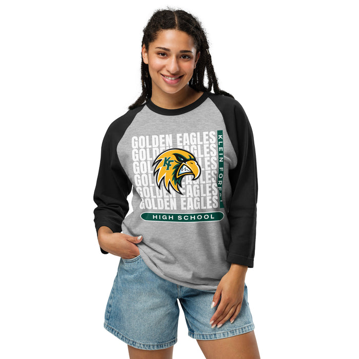 Woman wearing Klein Forest High School Golden Eagles Unisex 3/4 Sleeve Raglan T-shirt 235