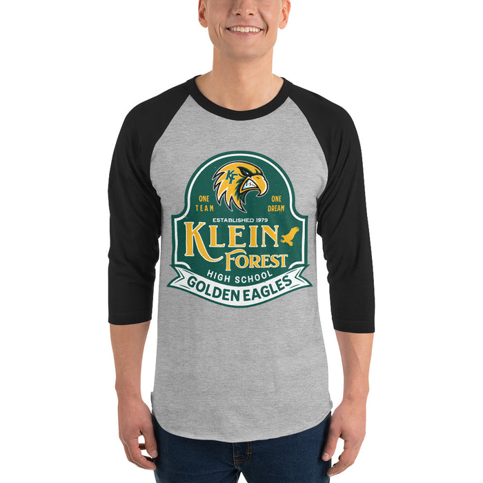 Man wearing Klein Forest High School Golden Eagles Unisex 3/4 Sleeve Raglan T-shirt 219