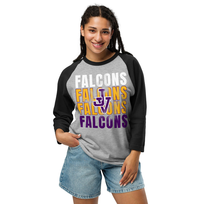 Woman wearing Jersey Village High School Falcons Unisex 3/4 Sleeve Raglan T-shirt 233