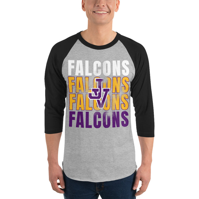 Man wearing Jersey Village High School Falcons Unisex 3/4 Sleeve Raglan T-shirt 233