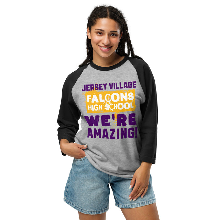 Woman wearing Jersey Village High School Falcons Unisex 3/4 Sleeve Raglan T-shirt 231