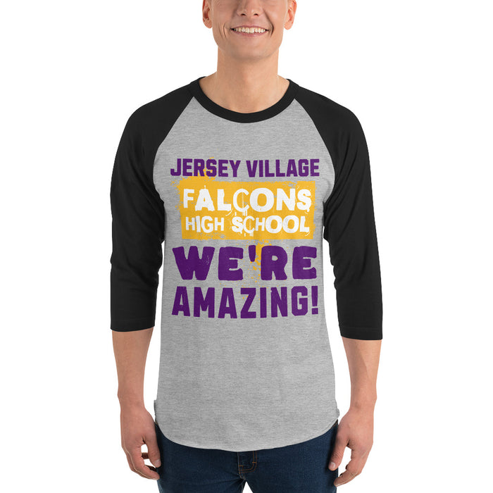 Man wearing Jersey Village High School Falcons Unisex 3/4 Sleeve Raglan T-shirt 231