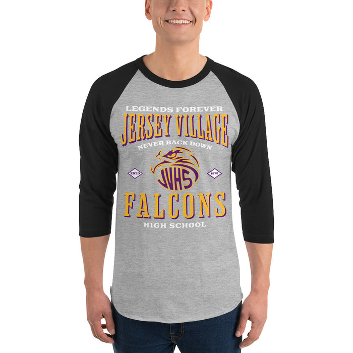 Man wearing Jersey Village High School Falcons Unisex 3/4 Sleeve Raglan T-shirt 230