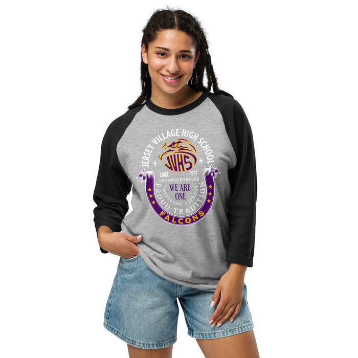 Woman wearing Jersey Village High School Falcons Unisex 3/4 Sleeve Raglan T-shirt 229