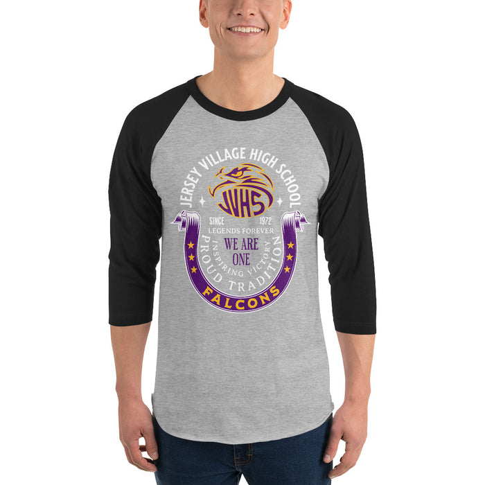 Man wearing Jersey Village High School Falcons Unisex 3/4 Sleeve Raglan T-shirt 229