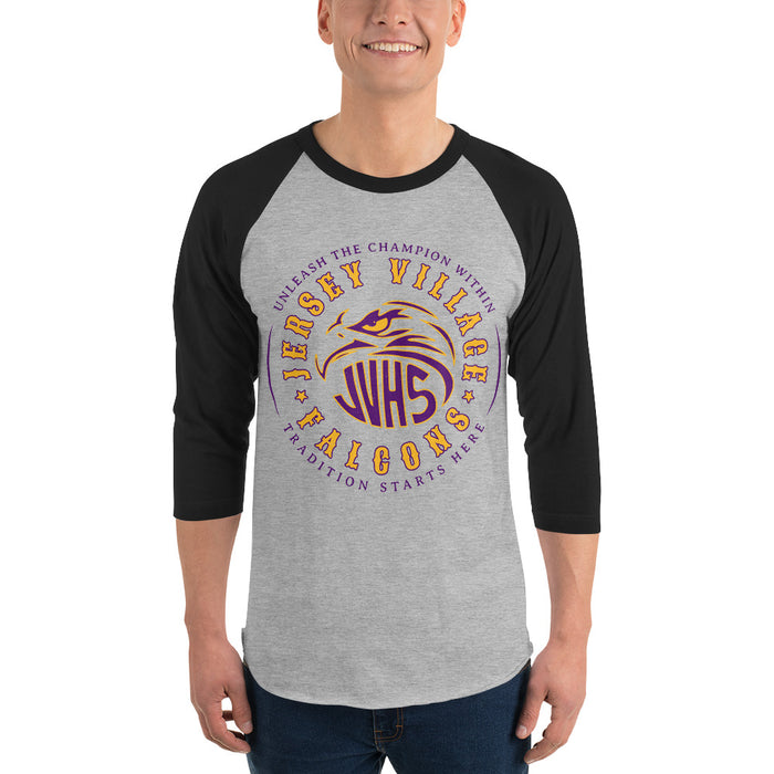 Man wearing Jersey Village High School Falcons Unisex 3/4 Sleeve Raglan T-shirt 214