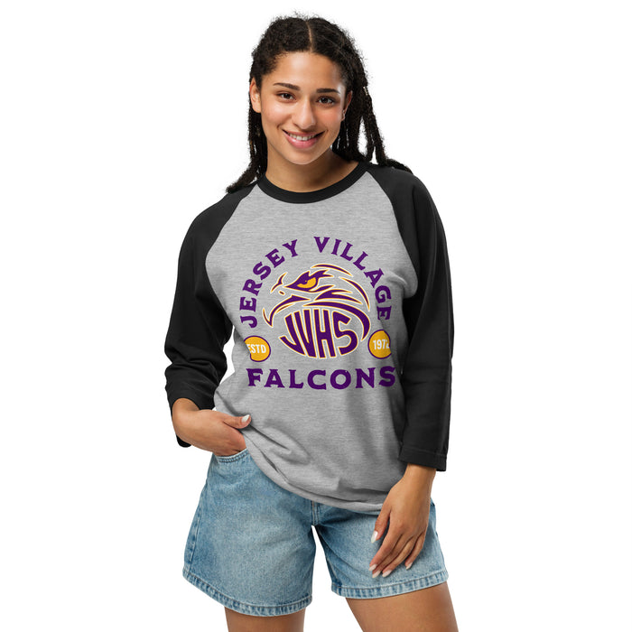 Woman wearing Jersey Village High School Falcons Unisex 3/4 Sleeve Raglan T-shirt 208