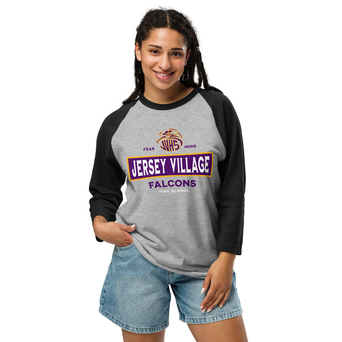 Woman wearing Jersey Village High School Falcons Unisex 3/4 Sleeve Raglan T-shirt 202