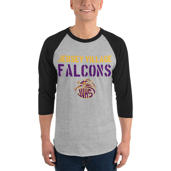 Man wearing Jersey Village High School Falcons Unisex 3/4 Sleeve Raglan T-shirt 017