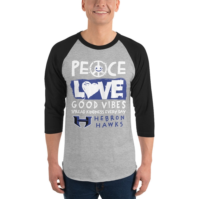 Man wearing Hebron High School Hawks Unisex 3/4 sleeve Raglan T-shirt 240