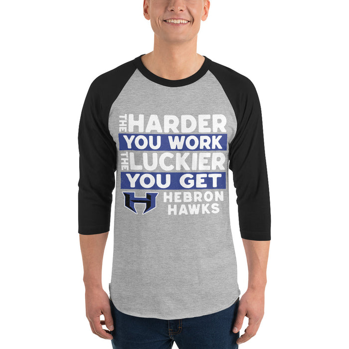Man wearing Hebron High School Hawks Unisex 3/4 sleeve Raglan T-shirt 238