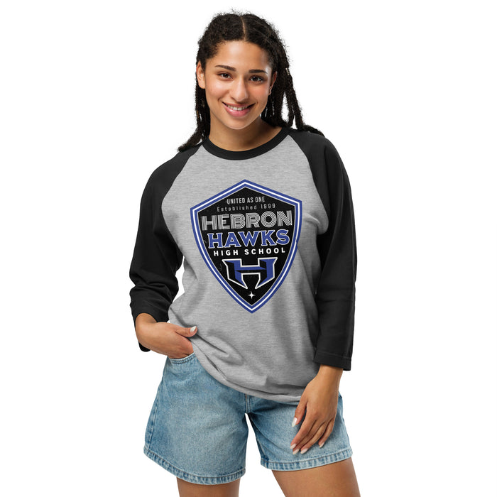 Woman wearing Hebron High School Hawks Unisex 3/4 sleeve Raglan T-shirt 225