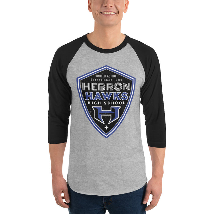 Man wearing Hebron High School Hawks Unisex 3/4 sleeve Raglan T-shirt 225