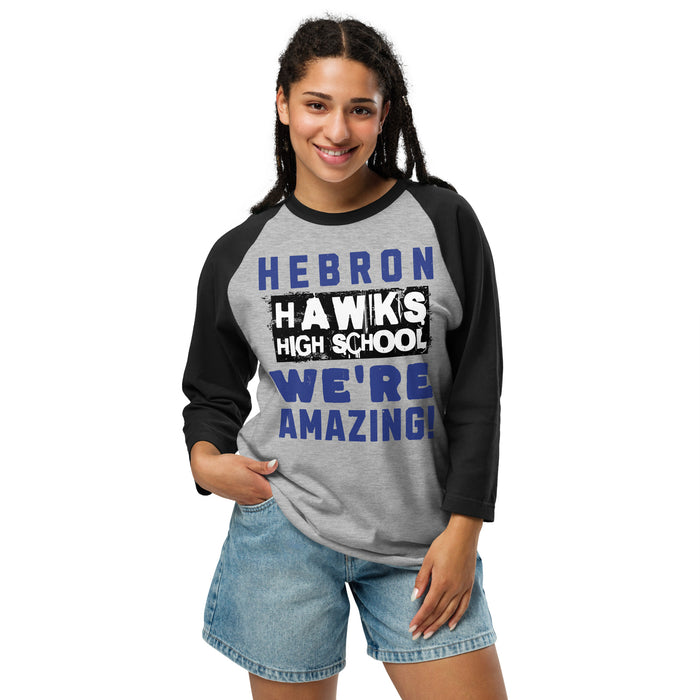 Woman wearing Hebron High School Hawks Unisex 3/4 sleeve Raglan T-shirt 231