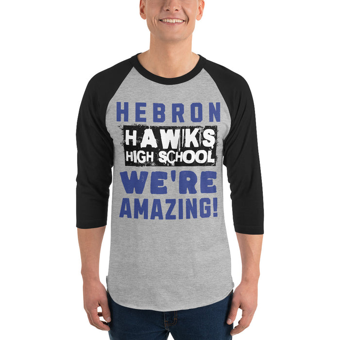 Man wearing Hebron High School Hawks Unisex 3/4 sleeve Raglan T-shirt 231