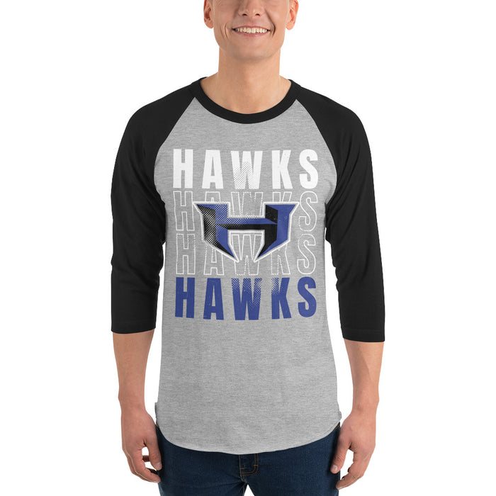 Man wearing Hebron High School Hawks Unisex 3/4 sleeve Raglan T-shirt 233