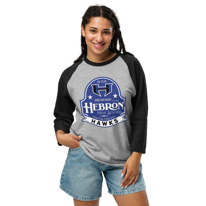 Woman wearing Hebron High School Hawks Unisex 3/4 sleeve Raglan T-shirt 219