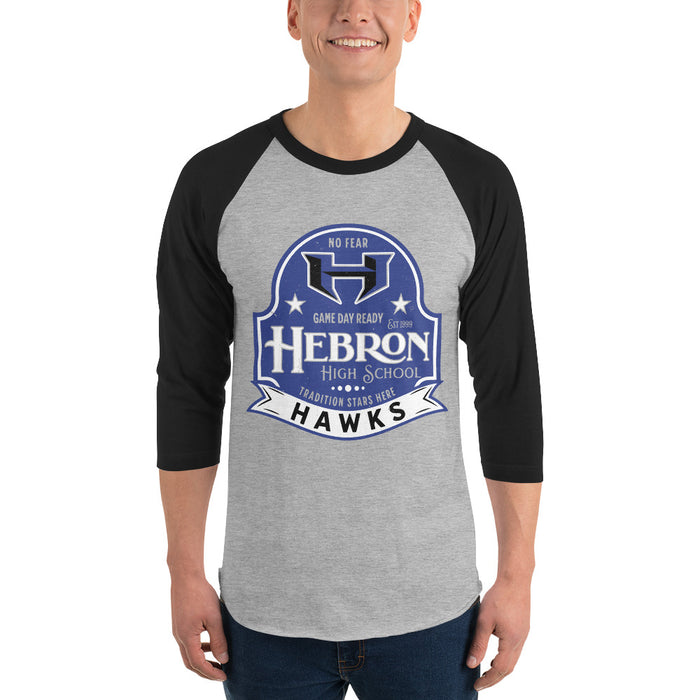 Man wearing Hebron High School Hawks Unisex 3/4 sleeve Raglan T-shirt 219