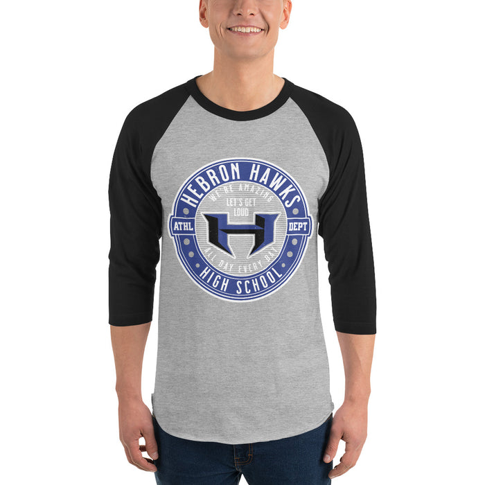 Man wearing Hebron High School Hawks Unisex 3/4 sleeve Raglan T-shirt 224