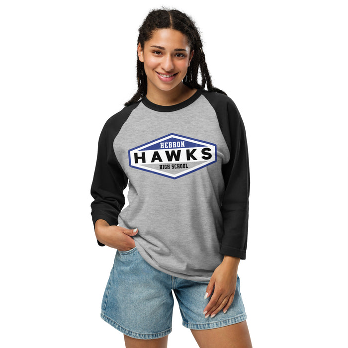 Woman wearing Hebron High School Hawks Unisex 3/4 sleeve Raglan T-shirt 009