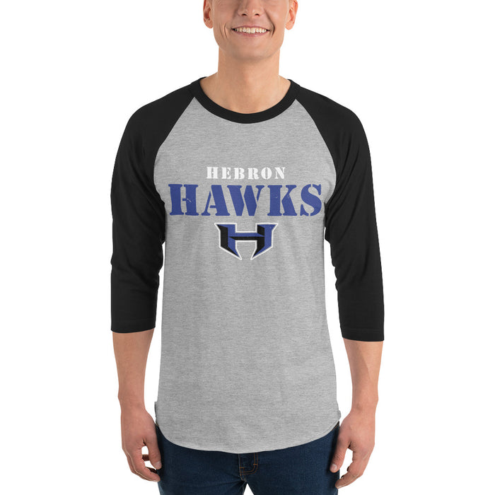 Man wearing Hebron High School Hawks Unisex 3/4 sleeve Raglan T-shirt 017