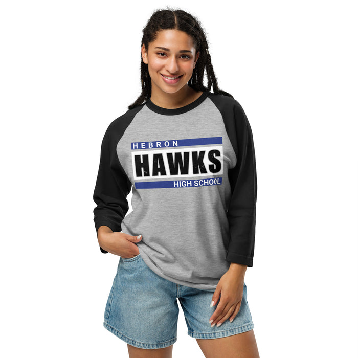 Woman wearing Hebron High School Hawks Unisex 3/4 sleeve Raglan T-shirt 098