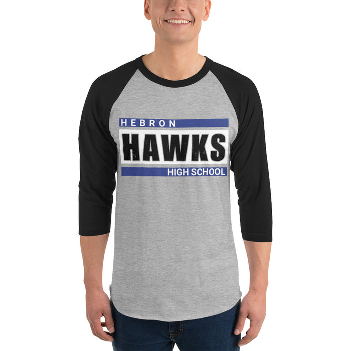 Man wearing Hebron High School Hawks Unisex 3/4 sleeve Raglan T-shirt 098