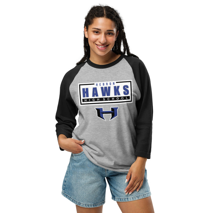 Woman wearing Hebron High School Hawks Unisex 3/4 sleeve Raglan T-shirt 049