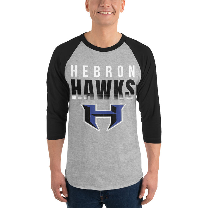 Man wearing Hebron High School Hawks Unisex 3/4 sleeve Raglan T-shirt 024