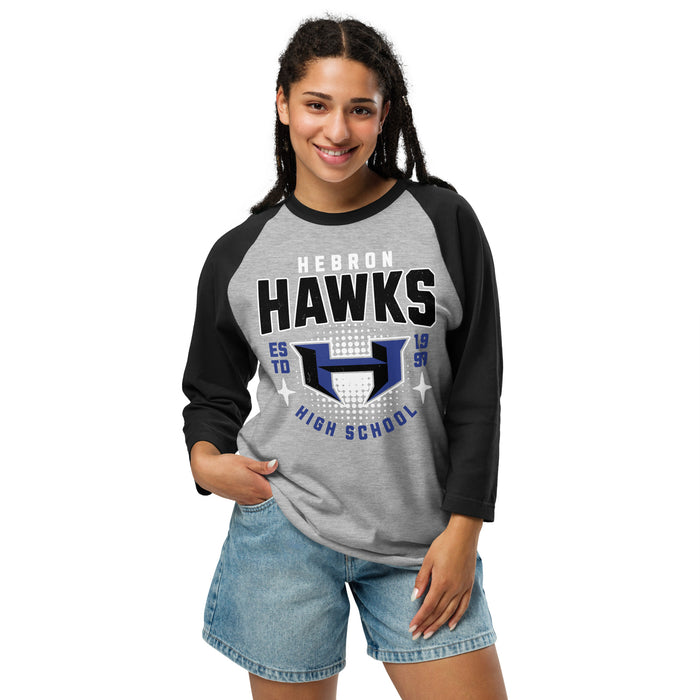 Woman wearing Hebron High School Hawks Unisex 3/4 sleeve Raglan T-shirt 204