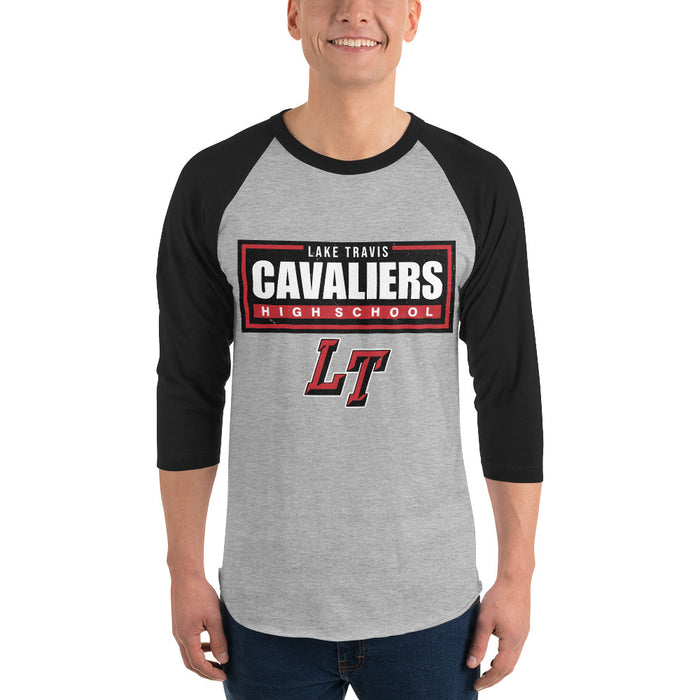 Man wearing Lake Travis High School Cavaliers Unisex 3/4 sleeve Raglan T-shirt 049