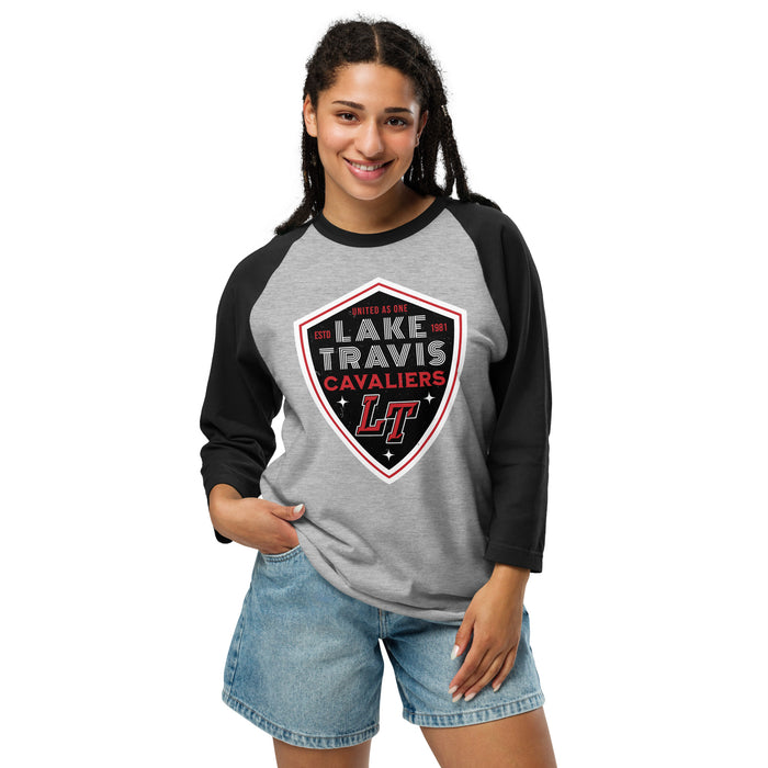 Woman wearing Lake Travis High School Cavaliers Unisex 3/4 sleeve Raglan T-shirt 225