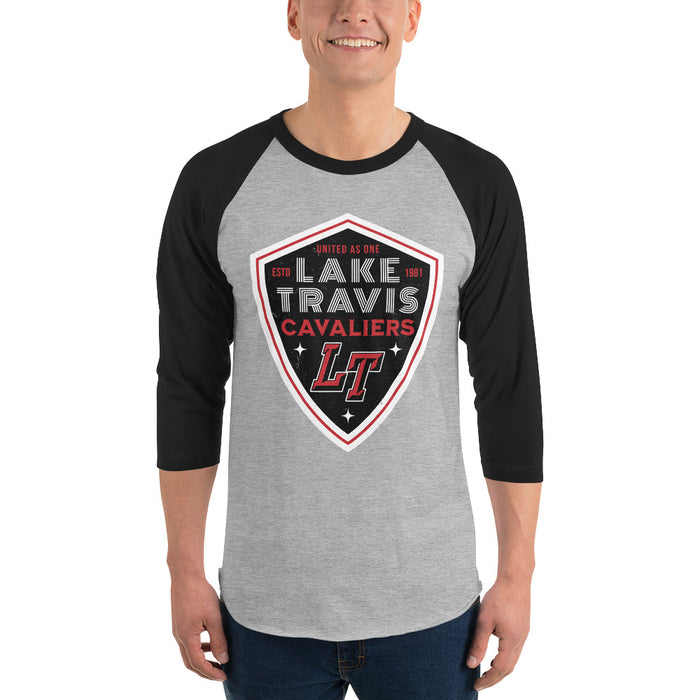 Man wearing Lake Travis High School Cavaliers Unisex 3/4 sleeve Raglan T-shirt 225