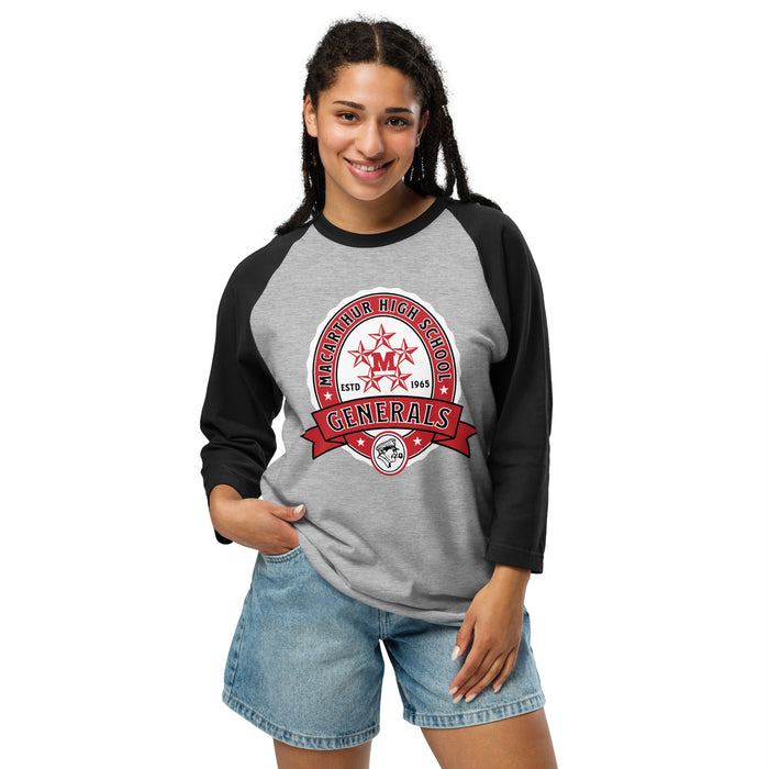 Woman wearing MacArthur High School Generals Unisex 3/4 sleeve Raglan T-shirt 212