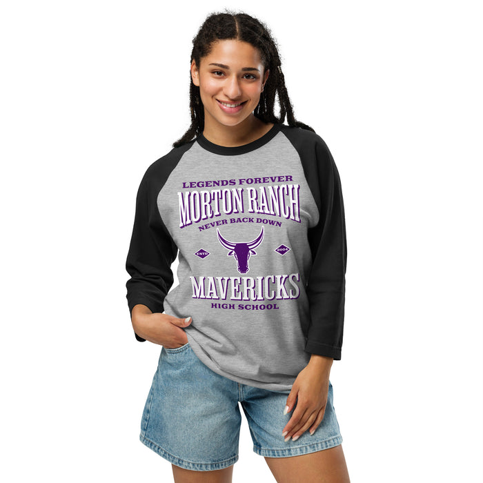 Woman wearing Morton Ranch High School Mavericks Unisex 3/4 sleeve Raglan T-shirt 230