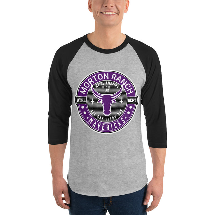 Man wearing Morton Ranch High School Mavericks Unisex 3/4 sleeve Raglan T-shirt 224