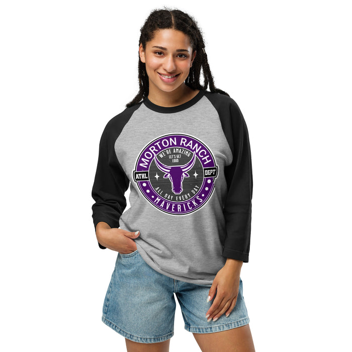 Woman wearing Morton Ranch High School Mavericks Unisex 3/4 sleeve Raglan T-shirt 224