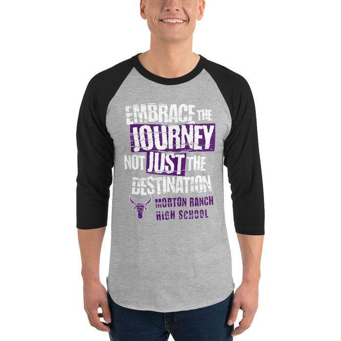 Man wearing Morton Ranch High School Mavericks Unisex 3/4 sleeve Raglan T-shirt 232